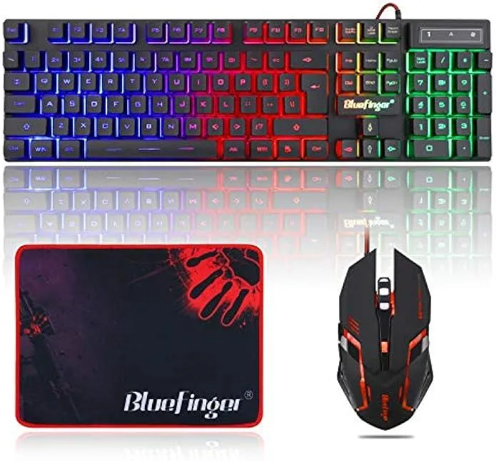 Black 104-key RGB keyboard with braided cable, ergonomic mouse with breathing LEDs, and large cloth mouse pad with rubber base