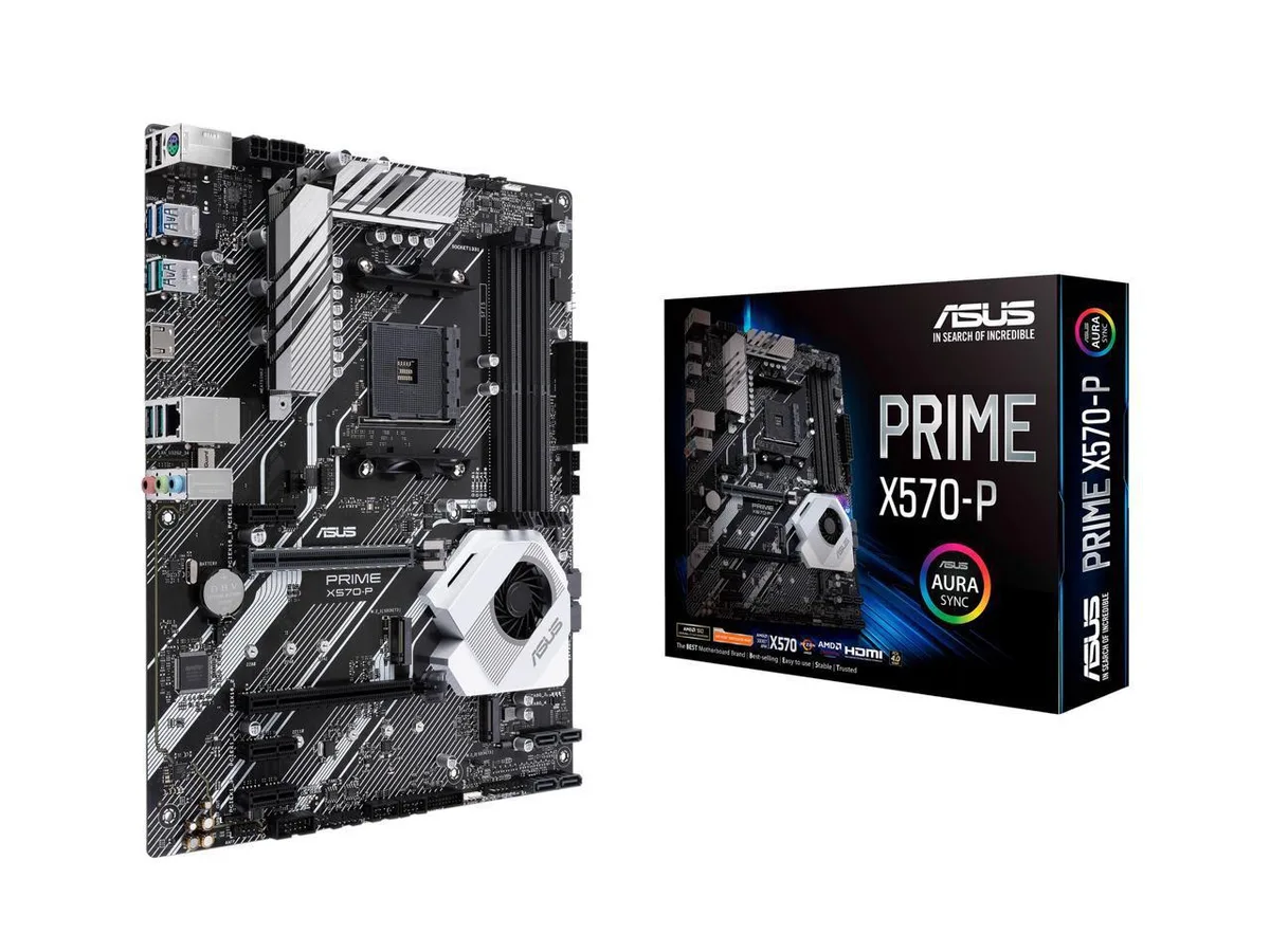 ASUS Prime X570-P ATX motherboard in black with silver heatsinks and AM4 socket