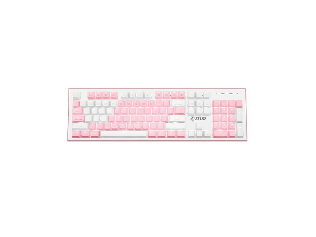 Pink full-size wired mechanical gaming keyboard with red switches, 104 PBT keycaps, RGB side light strips and white backlighting