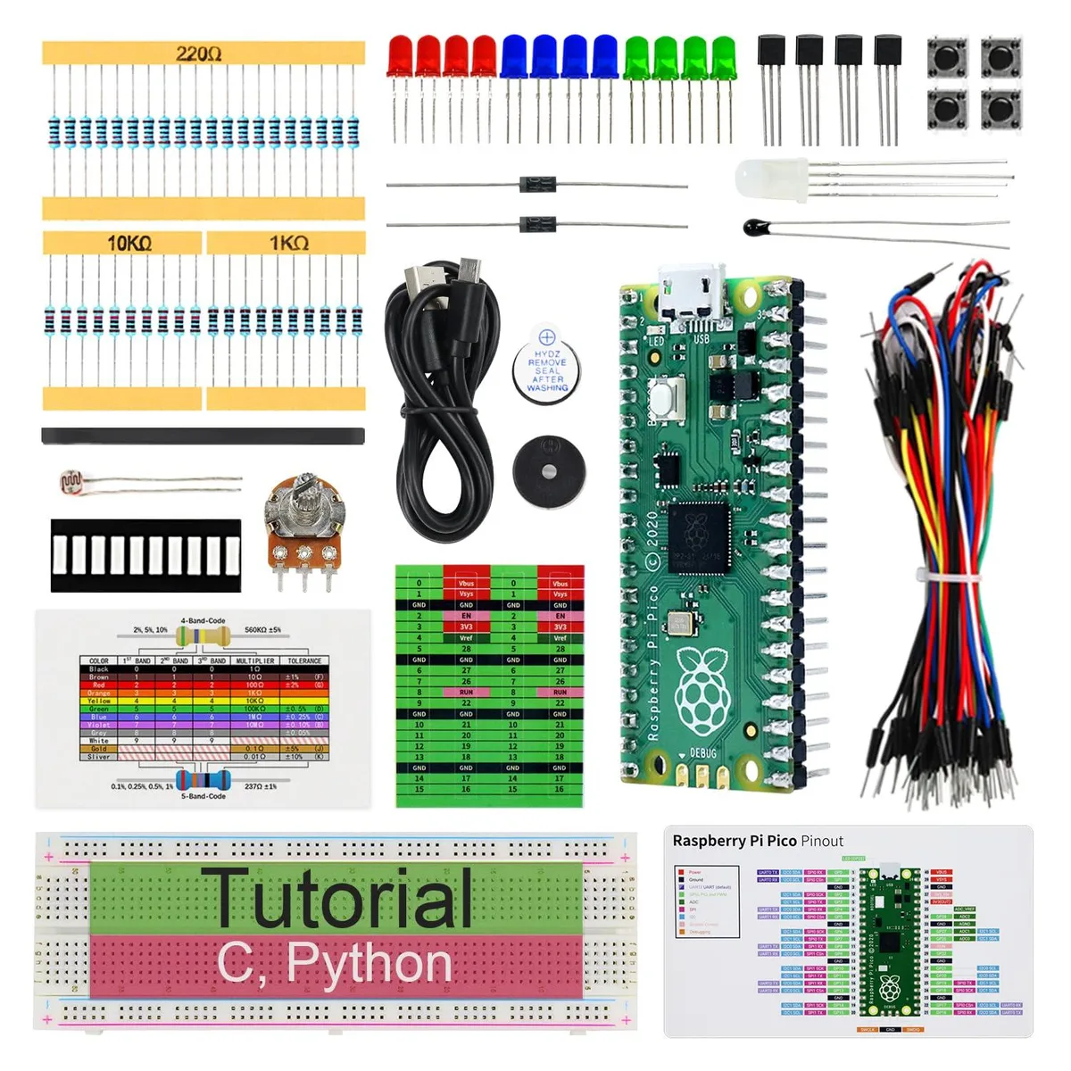 Cardboard box containing Raspberry Pi Pico board, breadboard, jumper wires, sensors, LEDs, resistors, and tutorial booklet