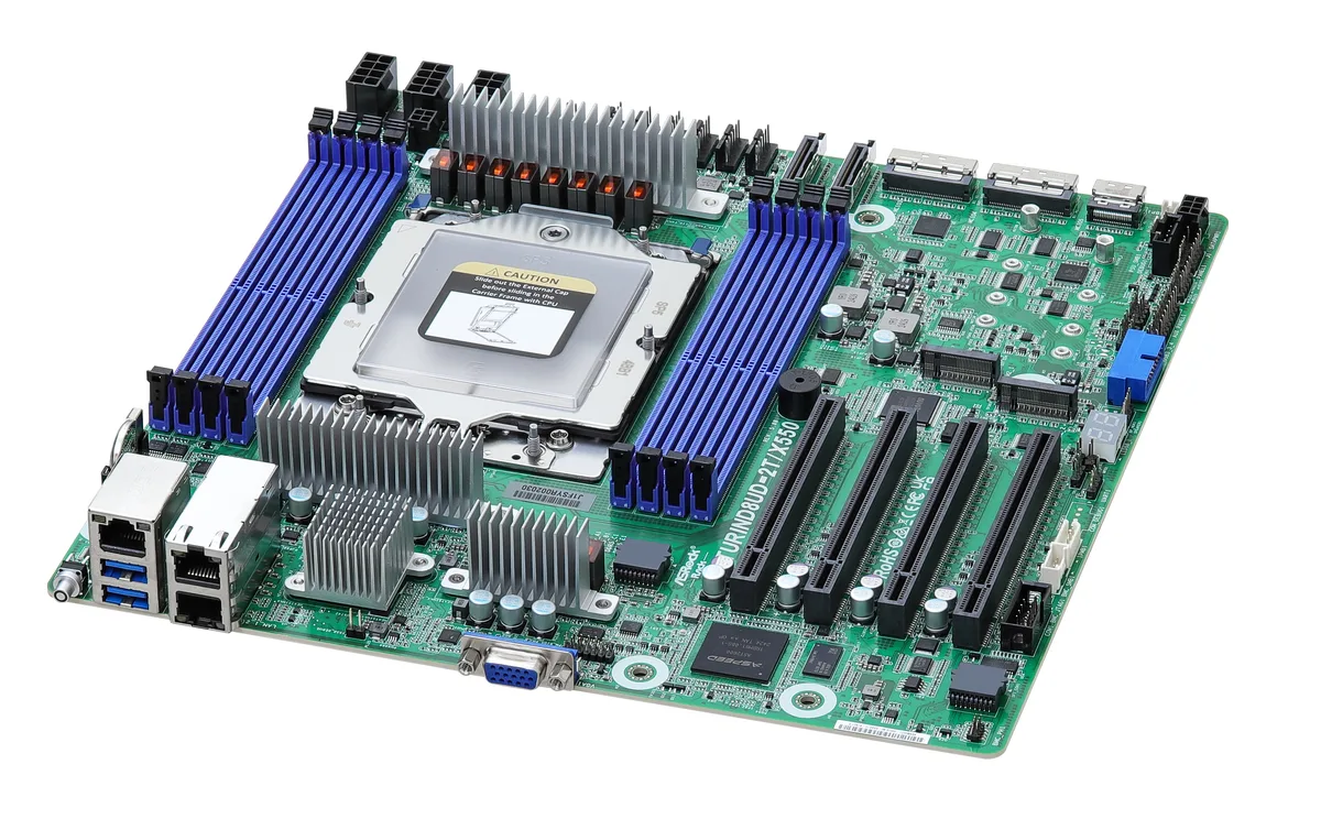 Green rectangular server motherboard with silver CPU socket, eight black DDR5 slots, four long PCIe slots, two RJ45 ports