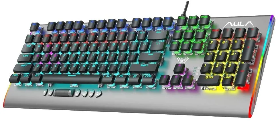 Black full-size mechanical keyboard with brown switches, metal top plate, wrist rest, RGB backlighting, and a side scroll wheel