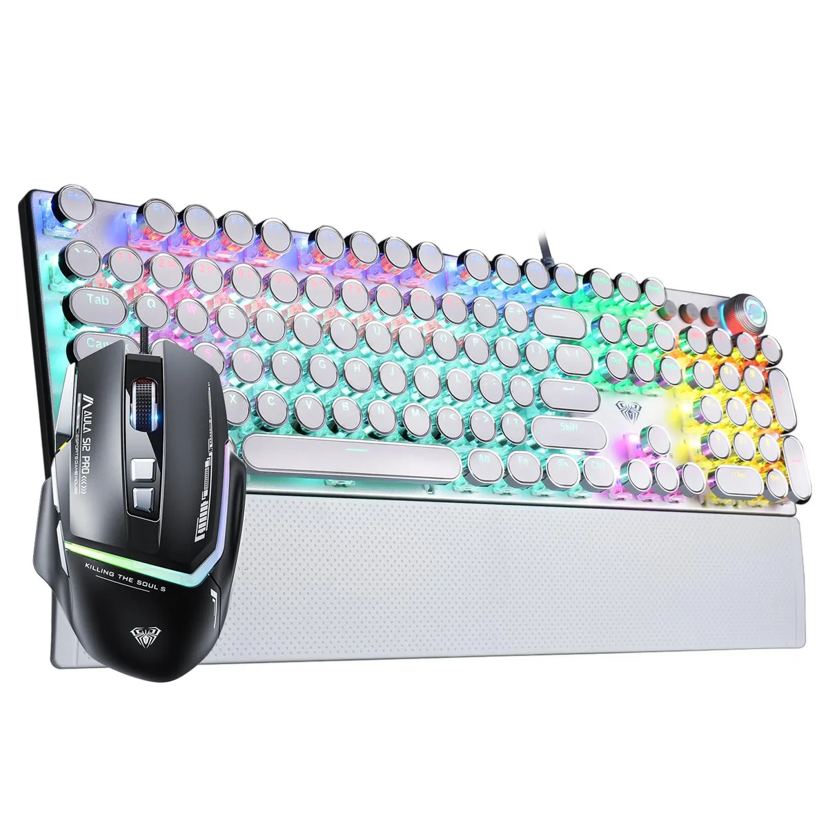 White typewriter-style mechanical keyboard with round keycaps and black gaming mouse