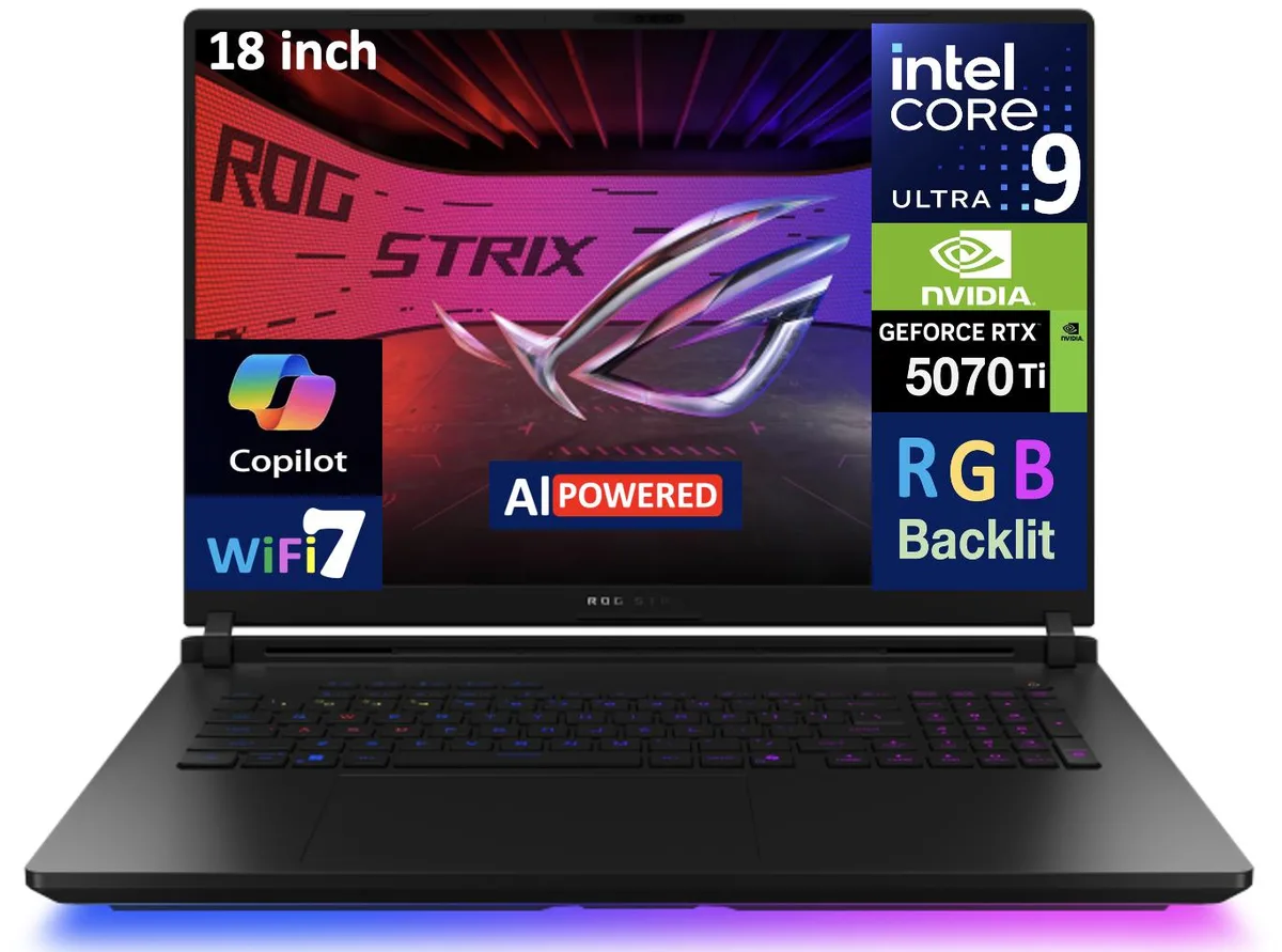An 18 inch black gaming laptop with a Mini LED display and per key RGB keyboard