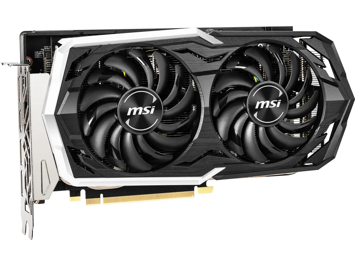 Black dual-fan graphics card with silver backplate, PCIe bracket showing one HDMI and three DisplayPorts