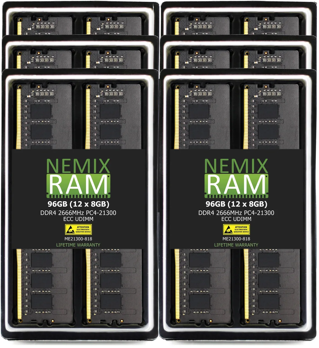 Twelve green DDR4 UDIMM sticks in a row