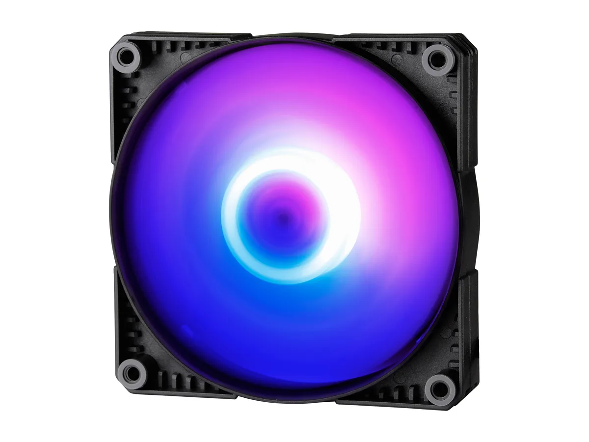 Three black 120 mm case fans with digital RGB lighting and rubber dampeners