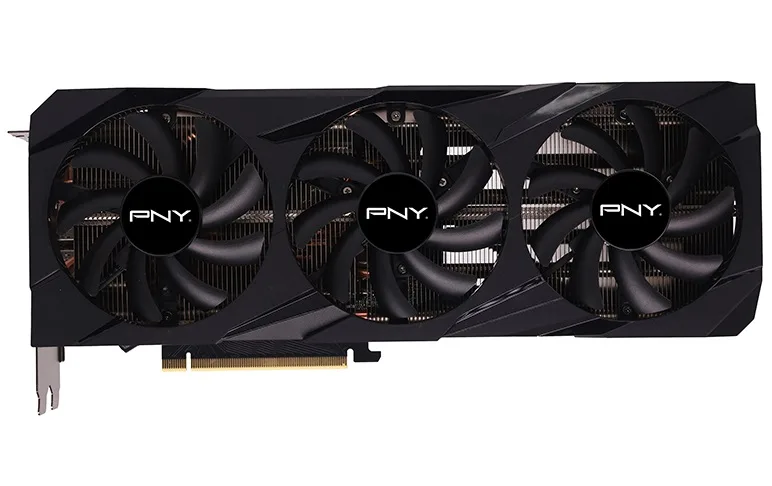 Black dual-slot graphics card with three axial fans and a metal backplate
