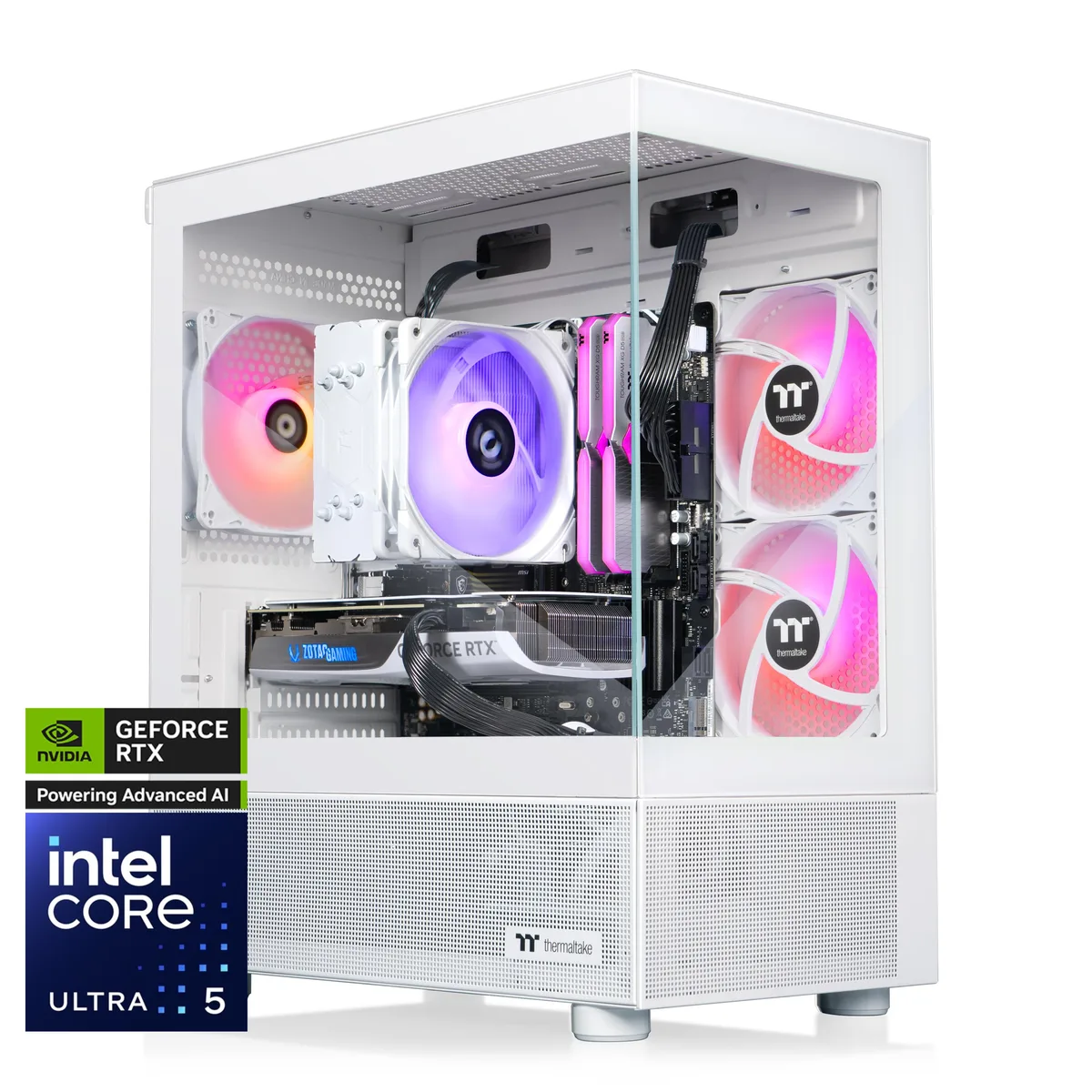 White mid-tower gaming desktop with ARGB tower cooler visible through glass side panel