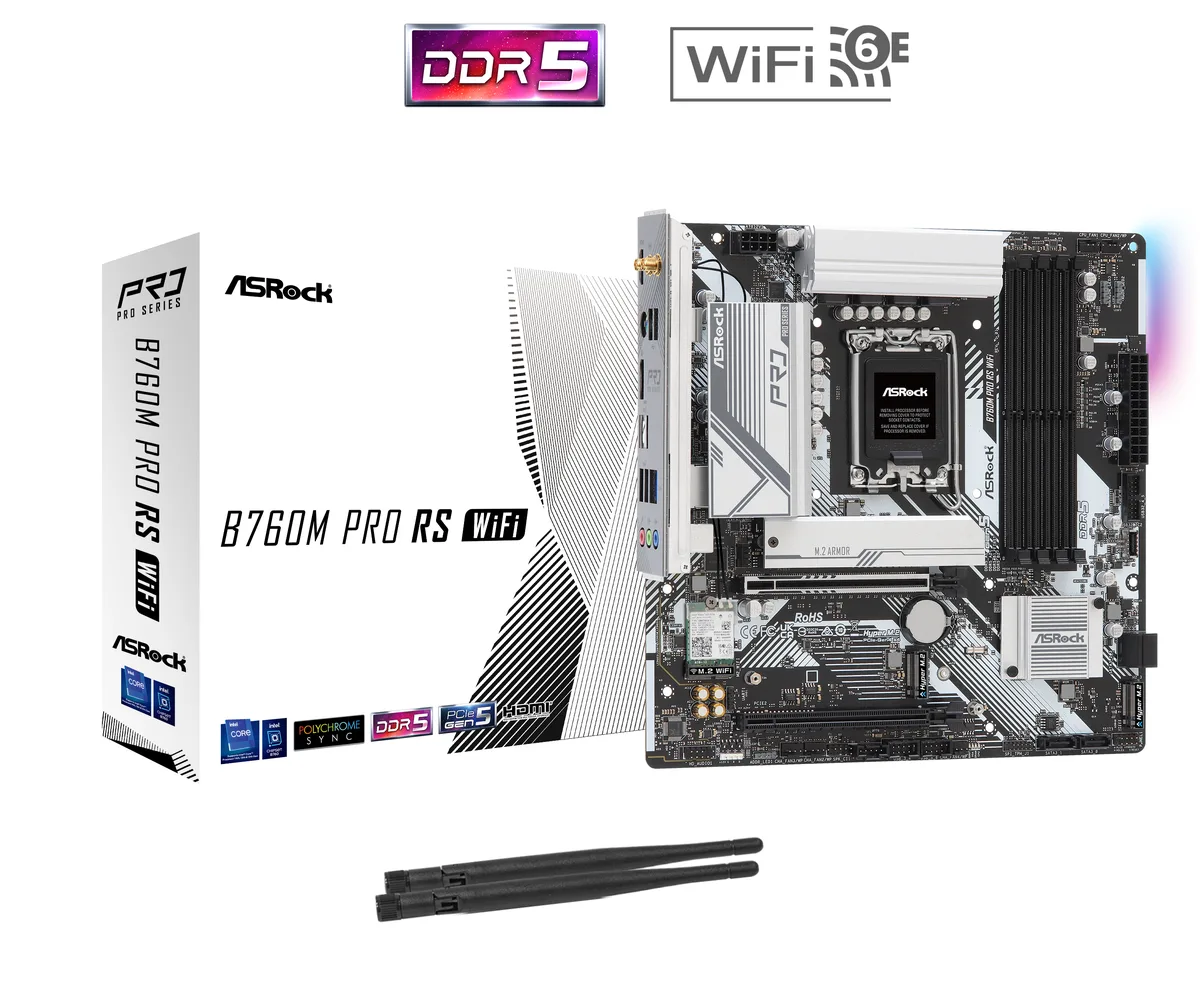 Micro ATX motherboard with black PCB and silver heatsinks