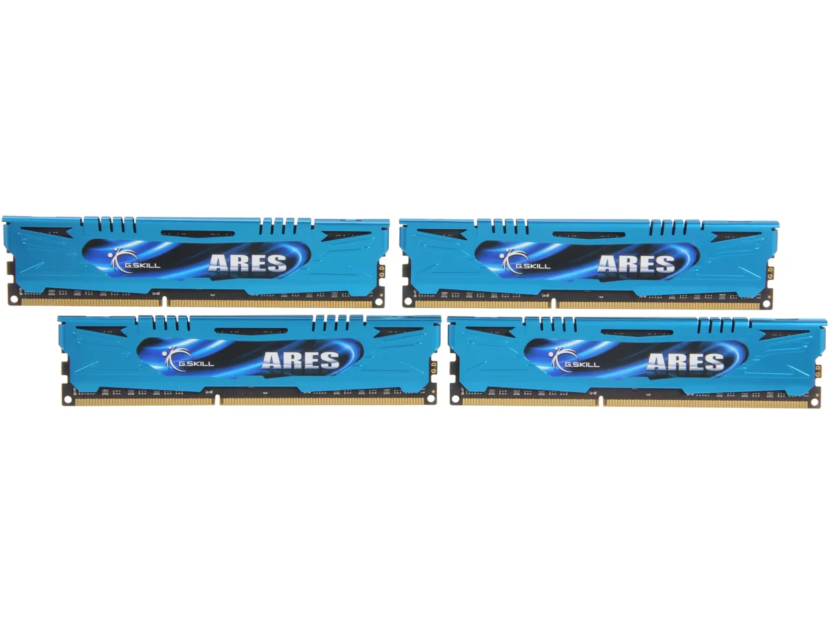 Four low-profile silver DDR3 memory modules with black heat spreaders