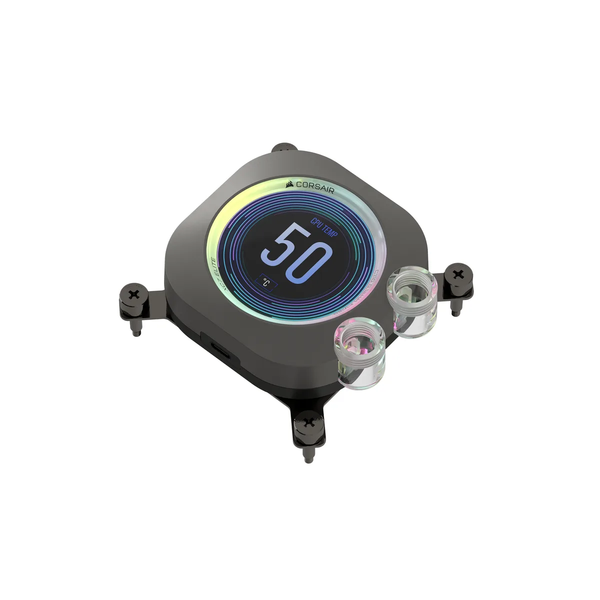 Stealth Gray CPU water block with square LCD screen and RGB lighting
