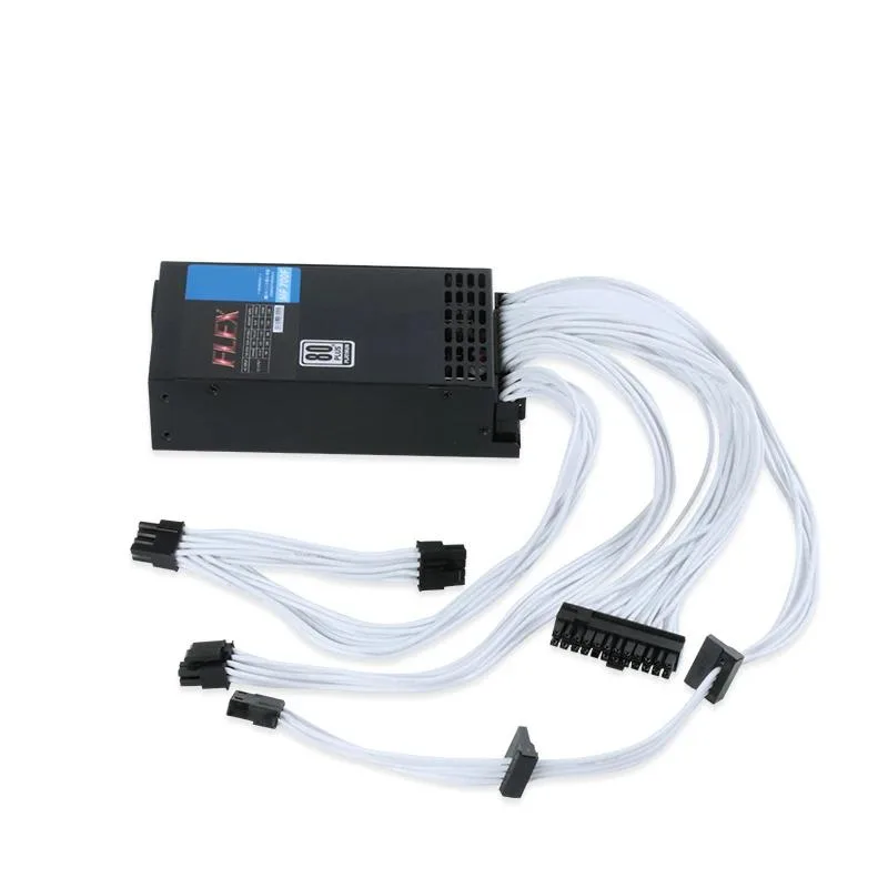 Black rectangular 1U flex ATX power supply with side fan grille and cable bundle