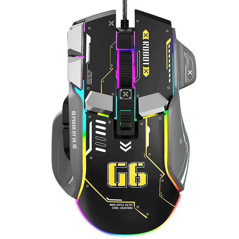 Black wired gaming mouse with 10 buttons RGB lighting and 8 adjustable weights