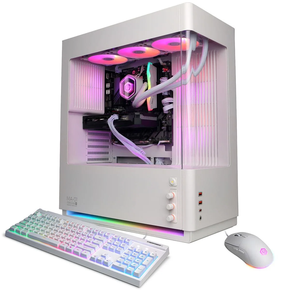 White mid-tower gaming desktop with side panel window