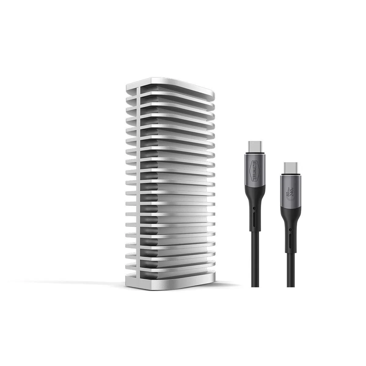 Silver aluminium enclosure with dual-fin heatsink and USB-C port