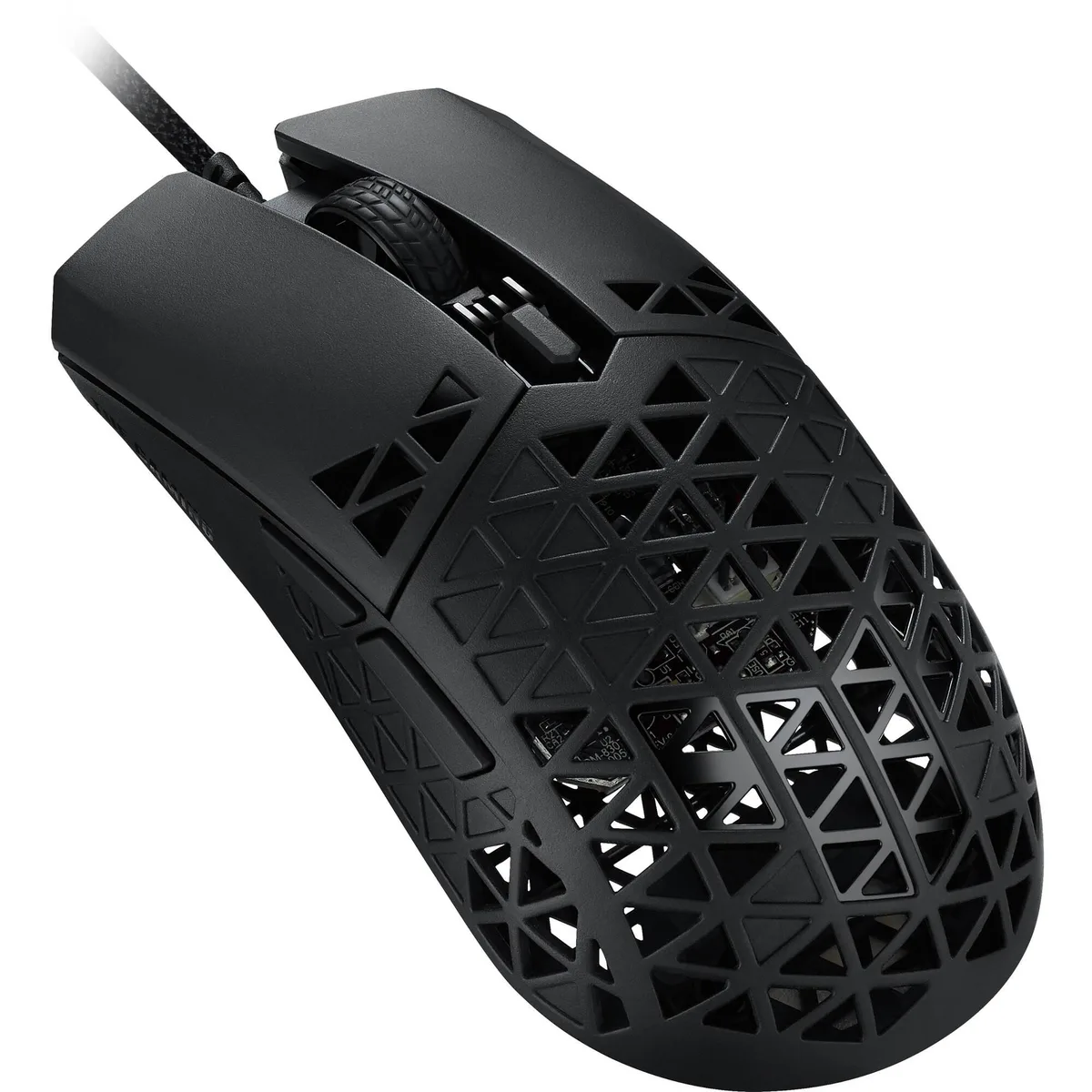 Ultralight black wired gaming mouse with honeycomb shell, six buttons and paracord cable