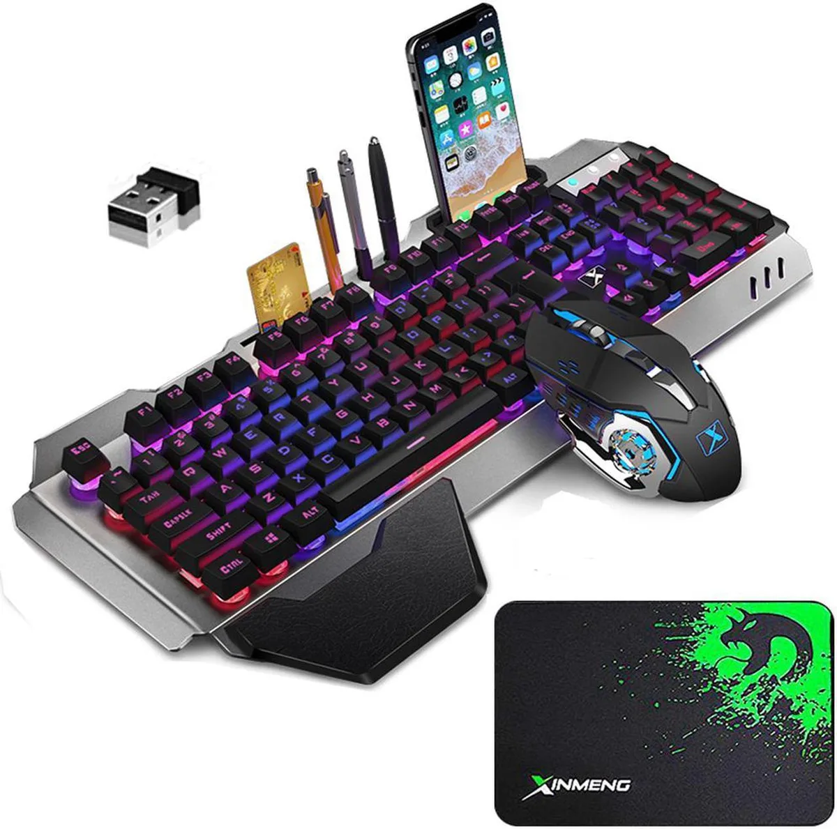 Black wireless gaming keyboard and mouse set with rainbow backlight and detachable palm rest