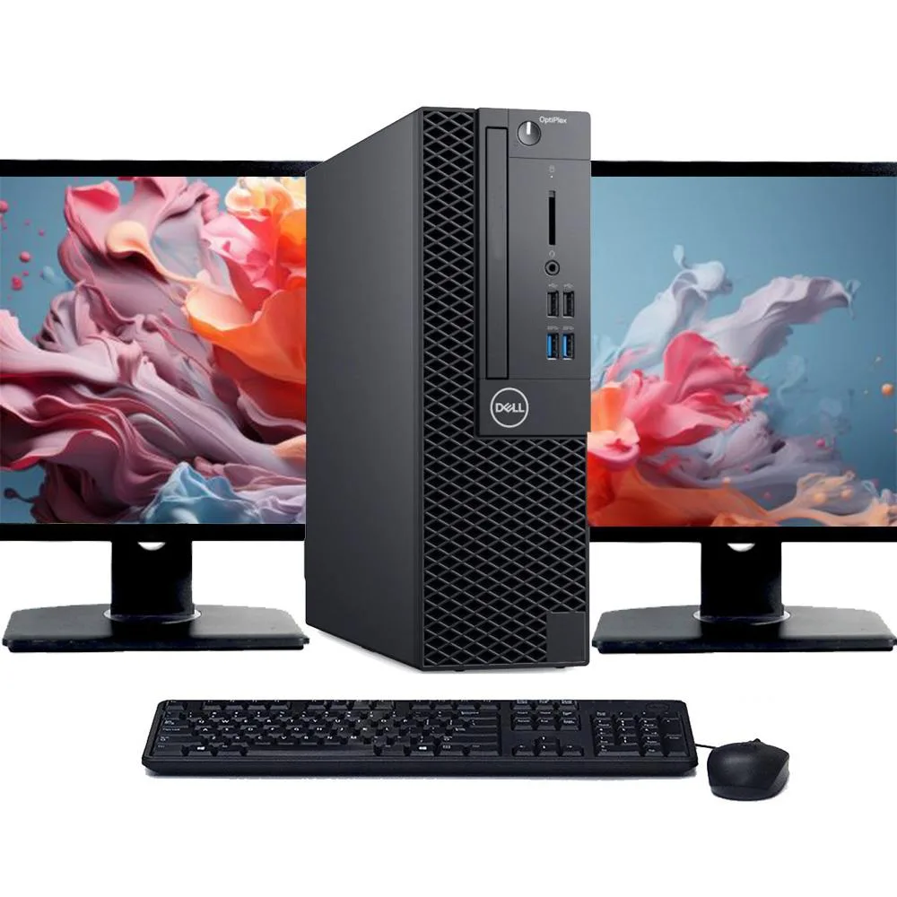 Black small-form-factor desktop tower beside two 22-inch monitors