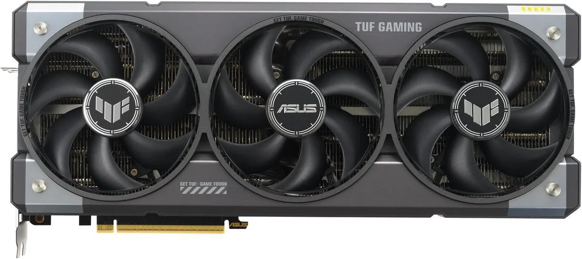 Black graphics card with three fans and TUF Gaming branding