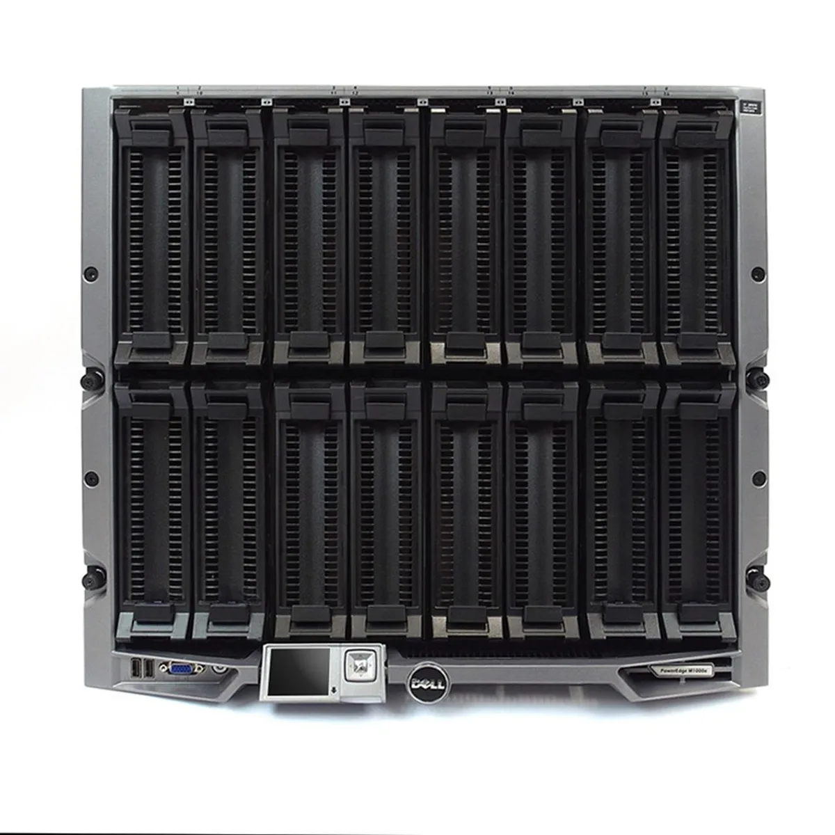 Silver 10U rack enclosure with front blade bays and rear power supplies and fans