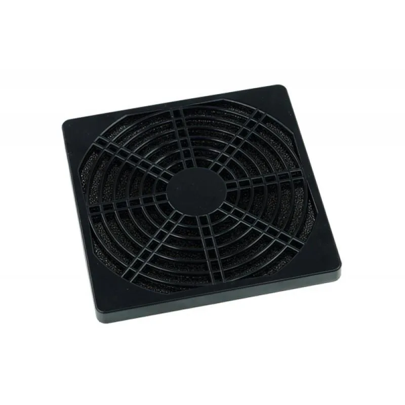 Black 120 mm fan filter with three-piece clip-together frame and fine mesh screen