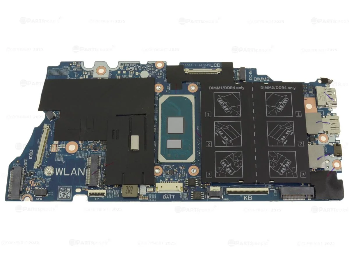 Green rectangular laptop motherboard with silver CPU socket and integrated heatsink visible