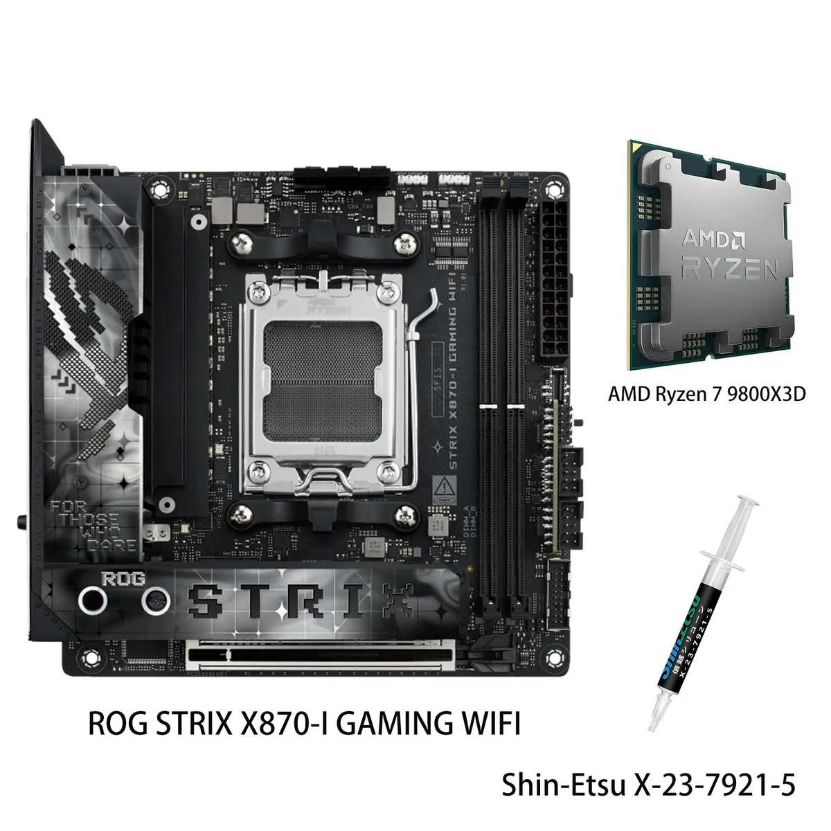 Compact mini-ITX motherboard with large heatsinks and installed Ryzen 7 9800X3D CPU