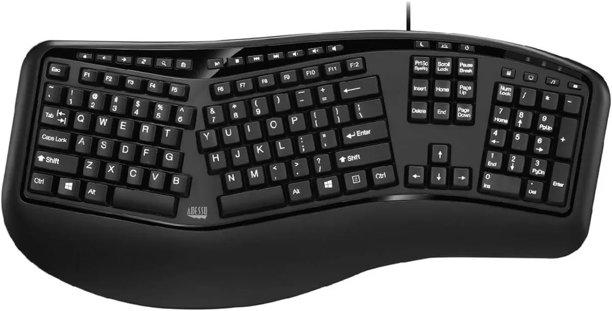 Split ergonomic keyboard with integrated palm rest, 105 keys, USB cable