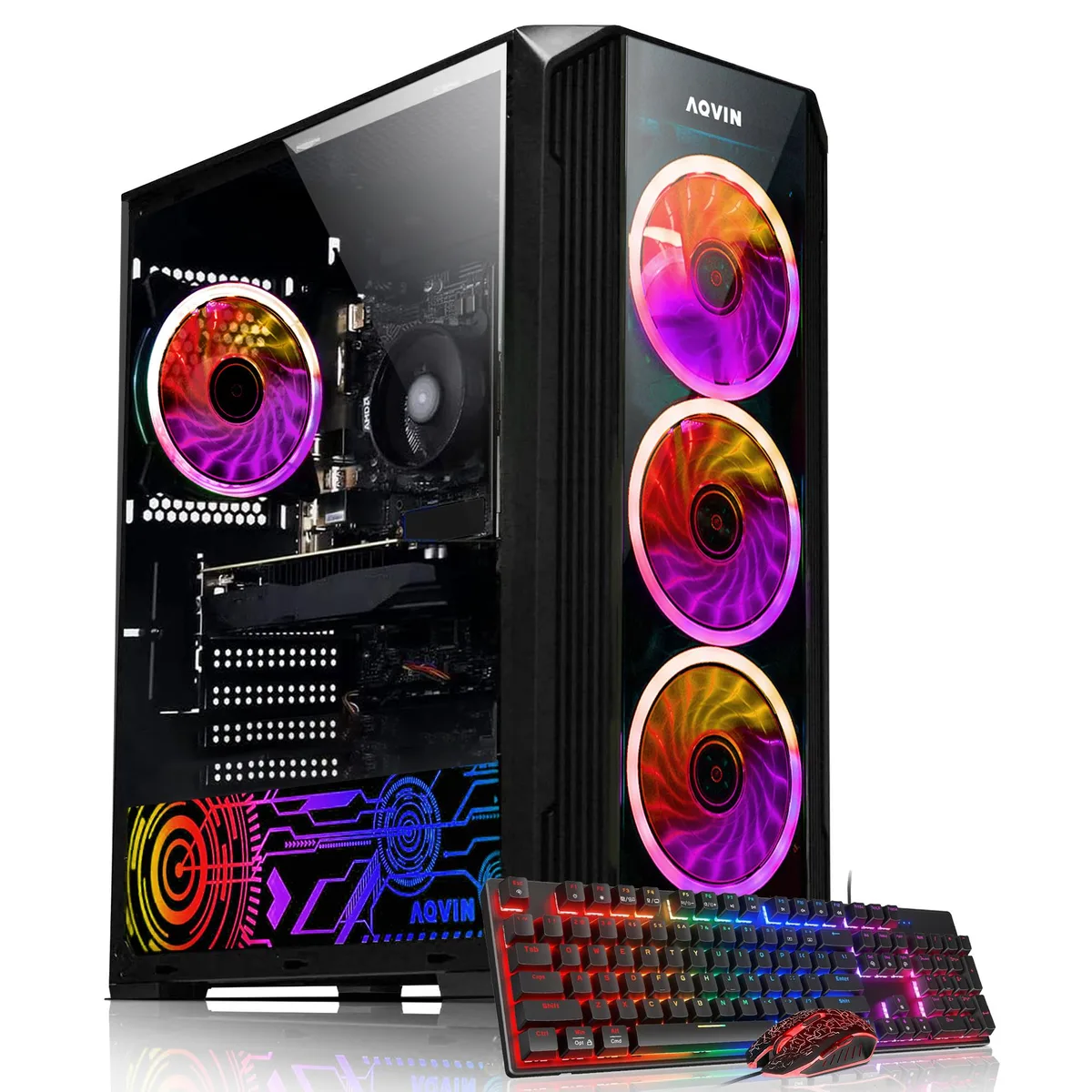 Black tower case with tempered glass side panel showing RGB fans, includes keyboard and mouse
