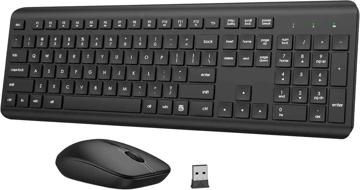 Full-size wireless keyboard and contoured mouse with USB receiver, matte black finish