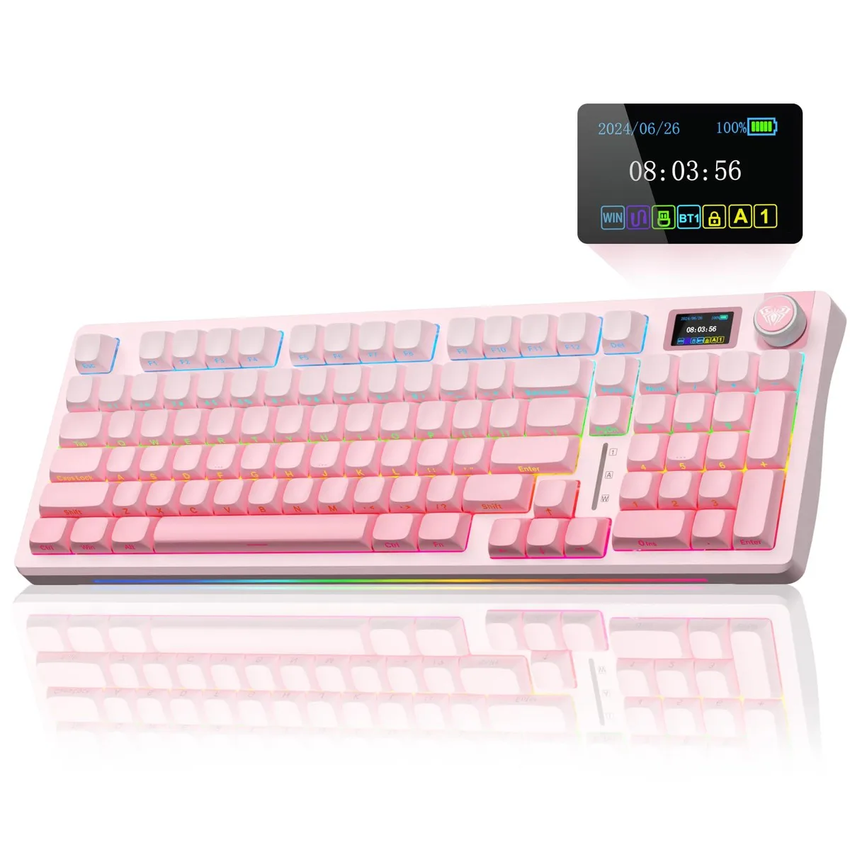 Pink creamy wireless mechanical keyboard with LCD screen and rotary knob, side-printed PBT keycaps, RGB backlighting