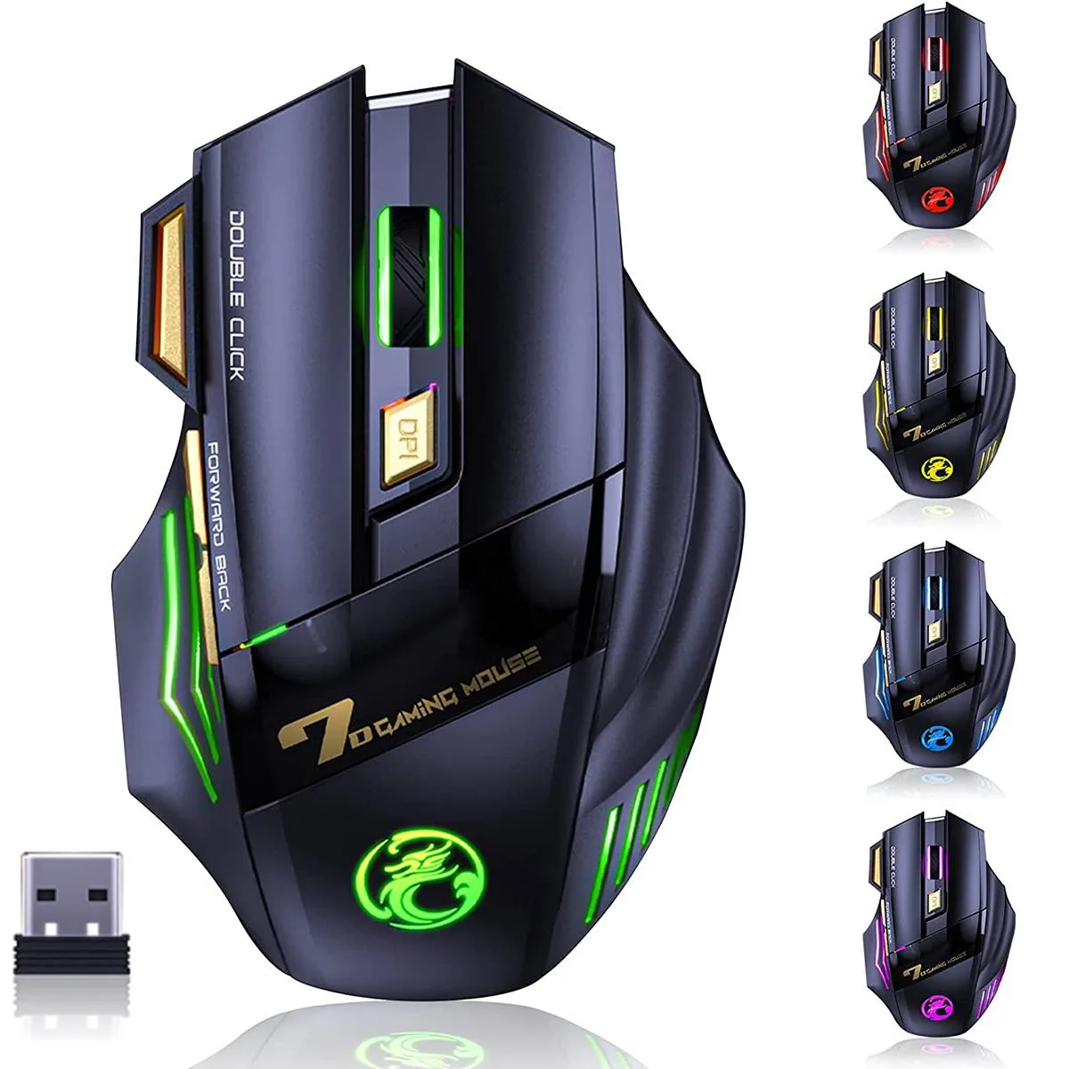 Black wireless gaming mouse with RGB lighting and ergonomic shape