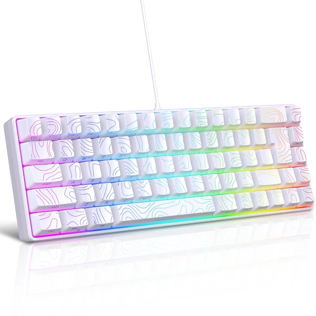 White compact 68-key wired gaming keyboard with RGB backlighting