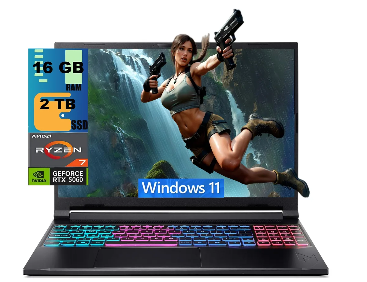 Black 16 inch gaming laptop with 180Hz display and RGB keyboard