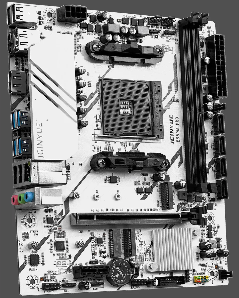 Micro ATX motherboard, black PCB with silver heatsinks, AM4 socket, two DDR4 slots, one PCIe x16 slot, rear HDMI and dual DisplayPort