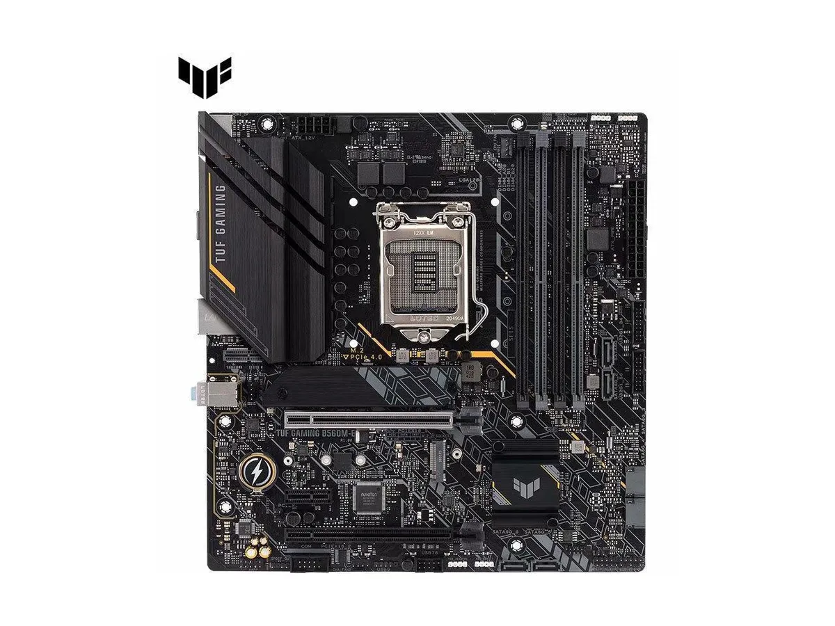 Dark grey micro-ATX motherboard with black heatsinks, yellow TUF accents and an LGA 1200 socket