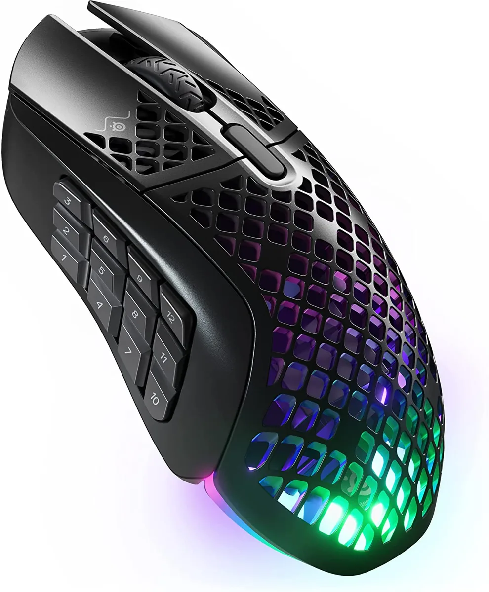 Black wireless gaming mouse with 12-button side panel and honeycomb shell