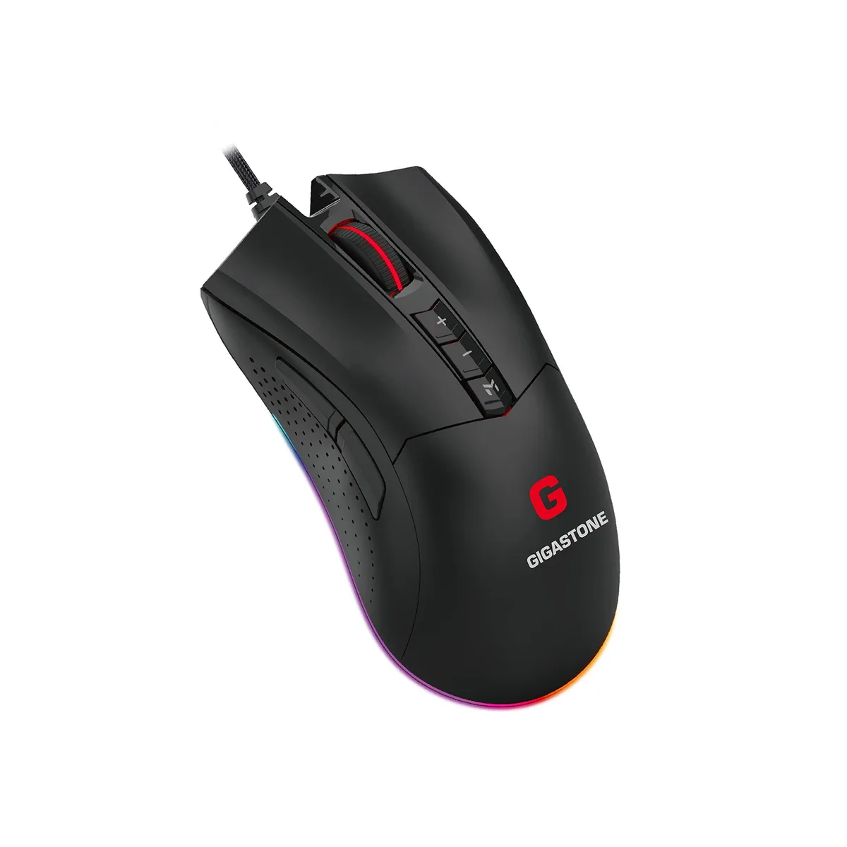 Black right-handed wired gaming mouse with braided cable, 10 buttons, RGB lighting zones, PMW3389 sensor