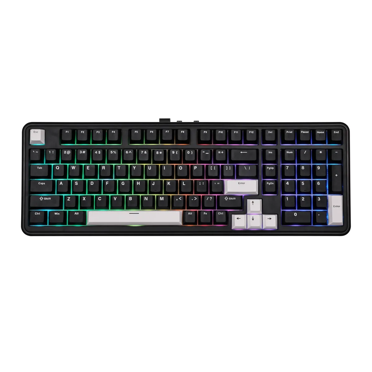 Rectangular black keyboard with white and blue keycaps, visible numpad and function row, south-facing RGB glow