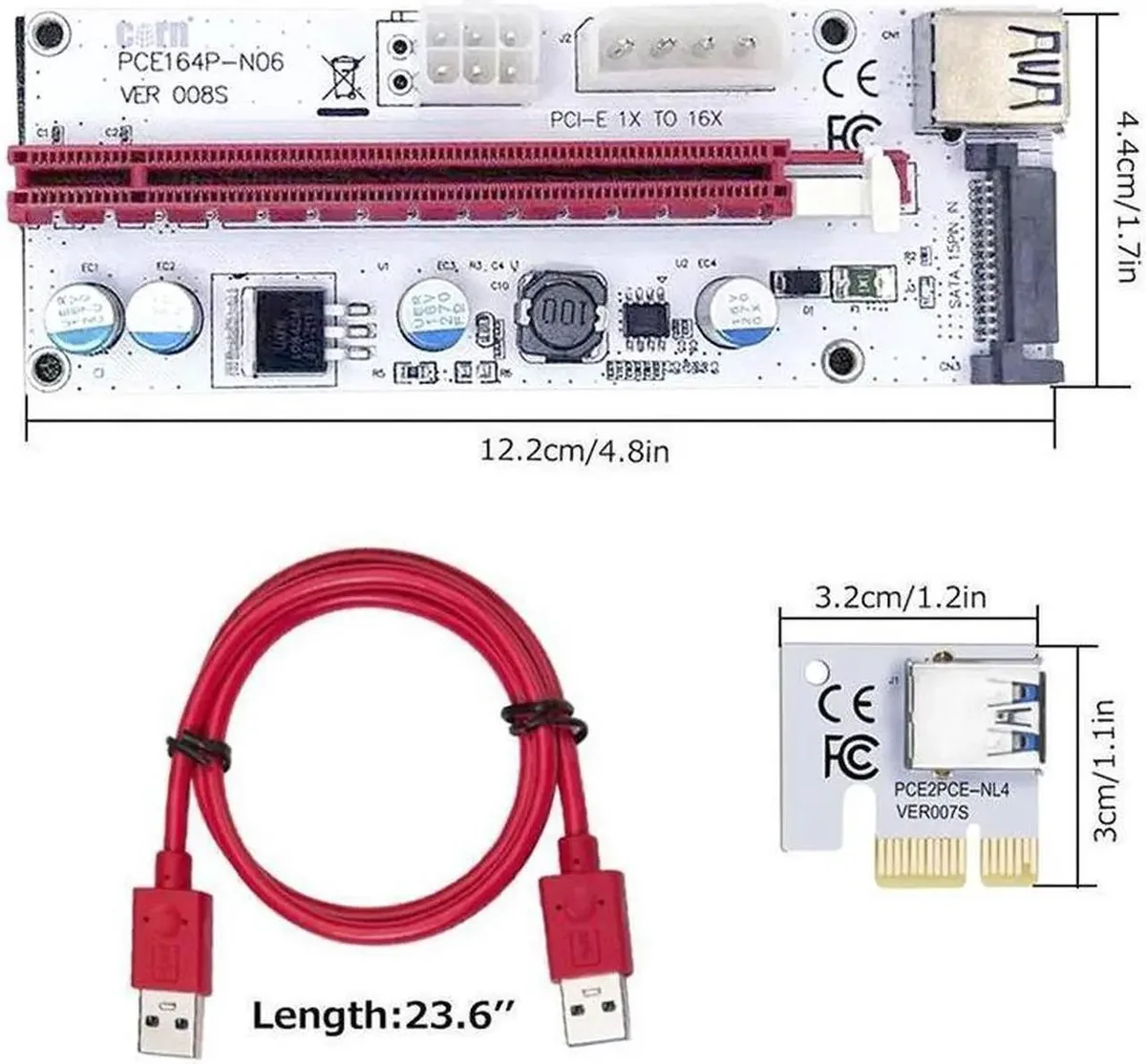 Green PCB riser card with USB 3.0 cable and 6-pin power connector