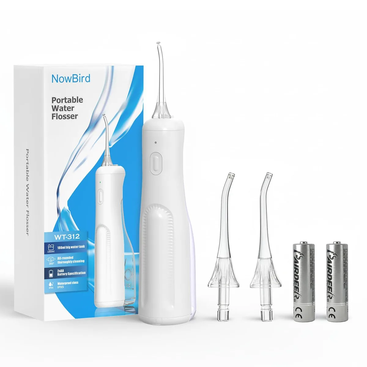 Now Bird WT-312 oral care 180 ml water tank 2 AA batteries IPX5 white — 제품 사진