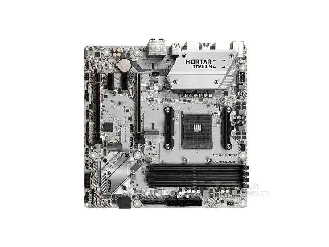 Micro-ATX motherboard, dark grey PCB with silver heatsinks