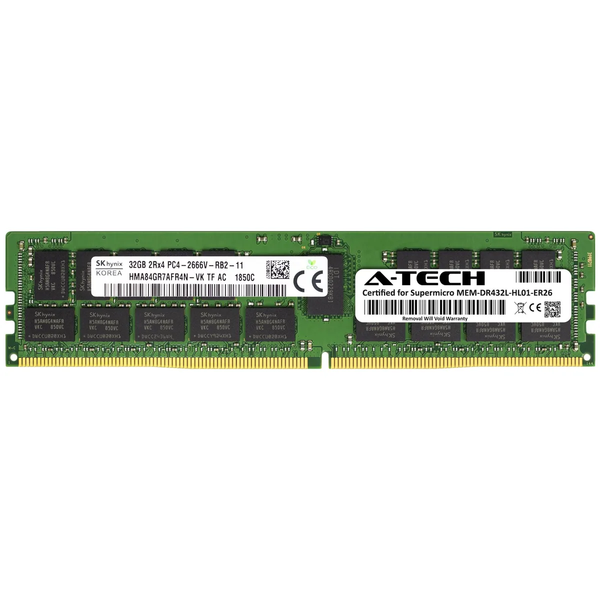 Green 288-pin DDR4 RDIMM module with black chips and silver heat spreader