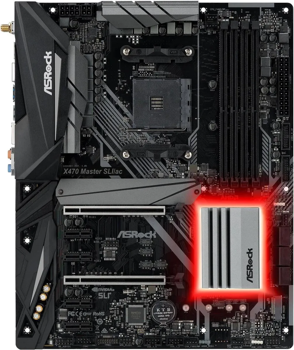 ATX motherboard with black PCB, silver heatsinks, rear I/O shield and bundled Wi-Fi module