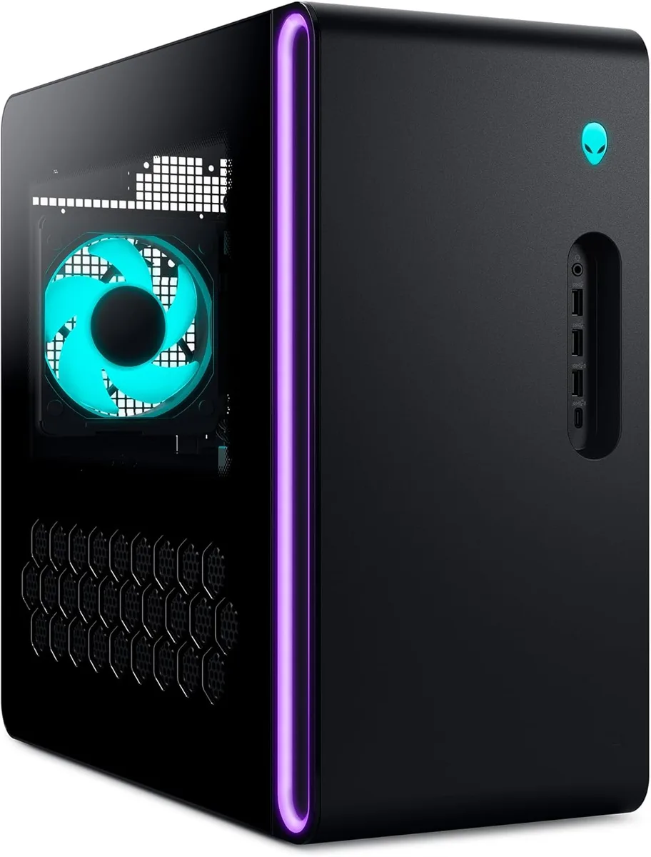 Black Alienware Aurora tower with clear side panel