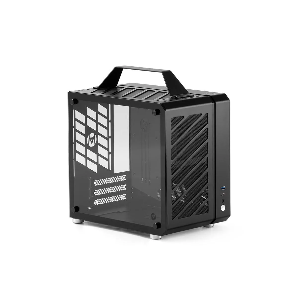 Compact aluminium and steel Mini-ITX cube with tempered glass side panel and integrated carry handle