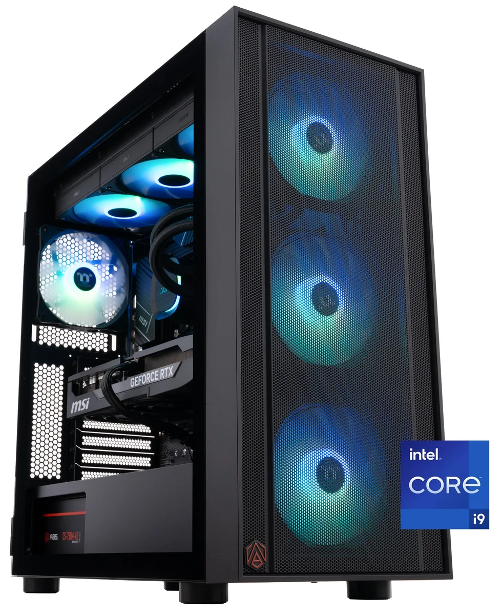 Black mid-tower gaming PC with 360mm liquid cooler visible