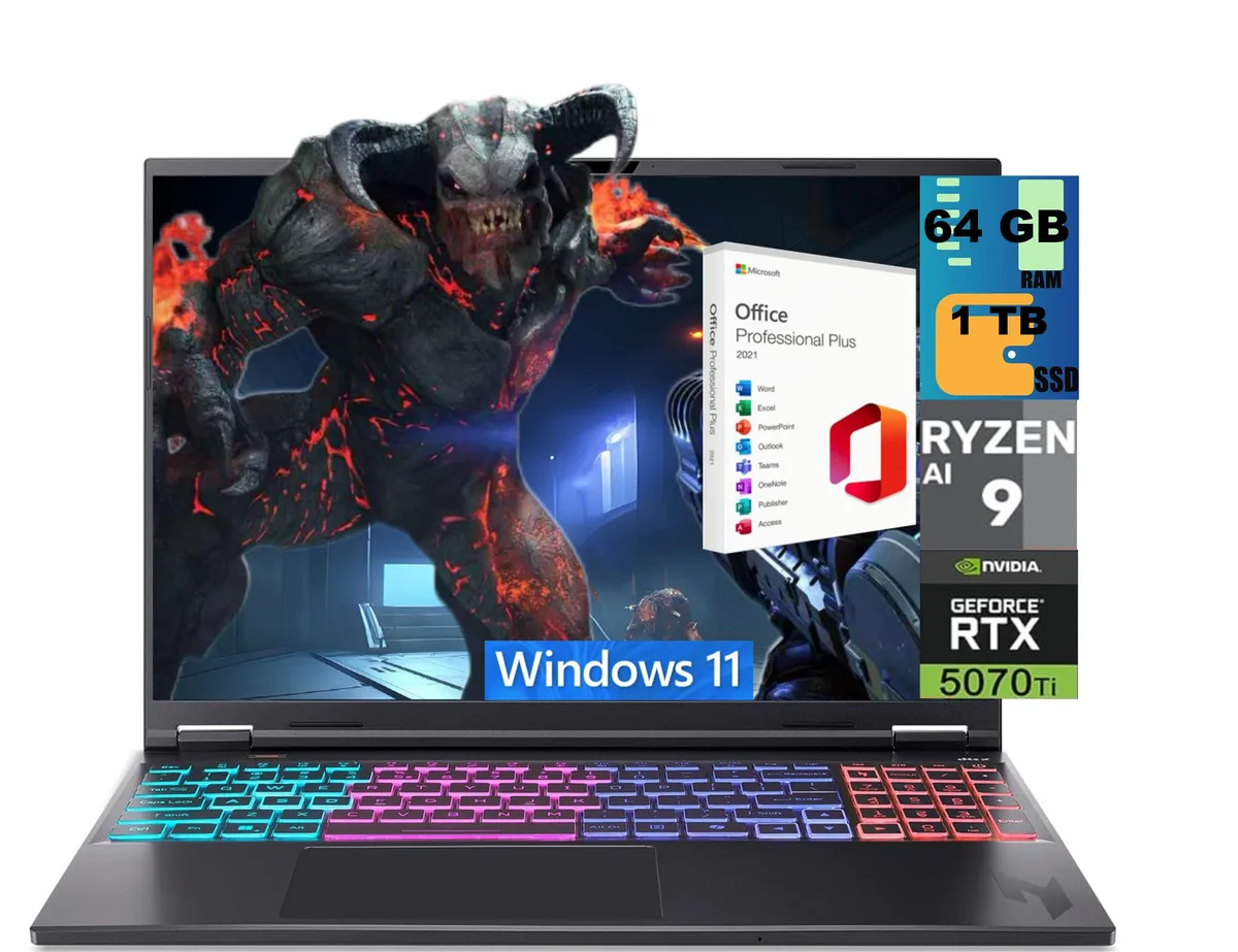 Black 16-inch gaming laptop with thin bezels and RGB keyboard