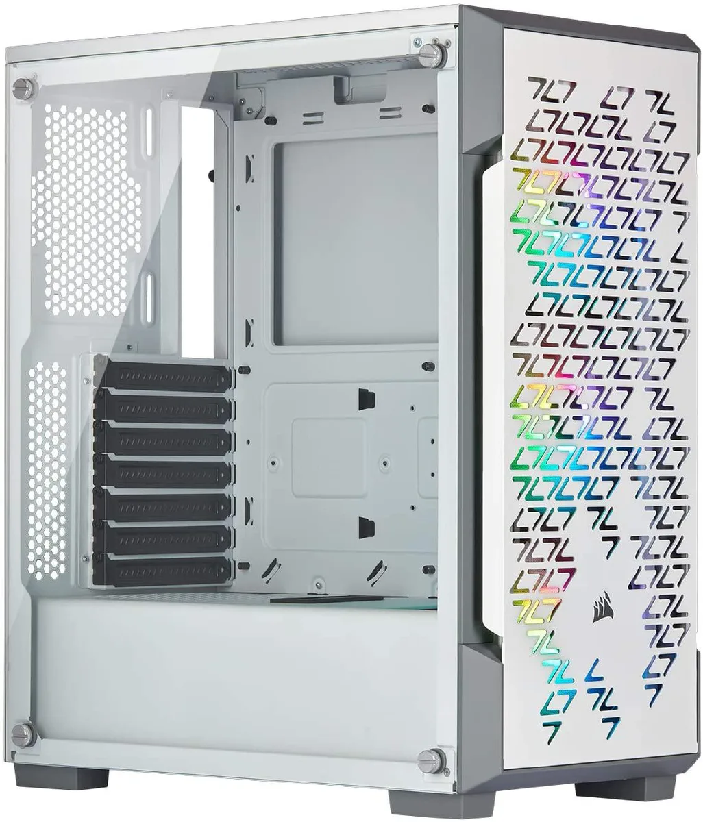 White mid-tower case with tempered glass side panel and 24 RGB LEDs